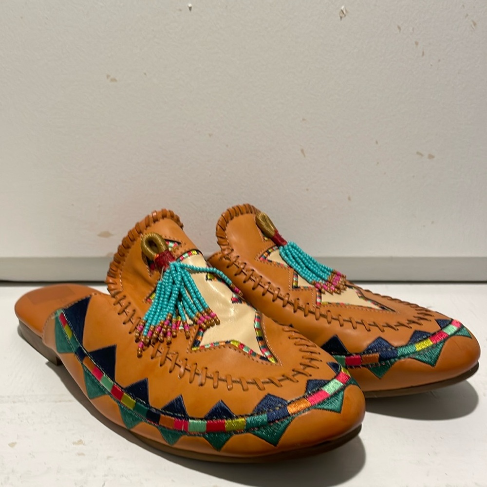 FARM Rio Tan Leather Beaded Tassel Mules with Turquoise & Multicolor Trim